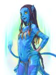 1_alien 1_female 1_girl 1girl alien avatar avatar_(movie) bad_id blue_skin braid breasts dreadlocks earrings female female_alien female_na'vi flat_chest hair hairlocs james_cameron's_avatar jewelry loincloth long_hair mizuki_kotora na'vi navel neytiri ribs skinny slit_pupils small_breast solo standing striped tail tribal yellow_eyes