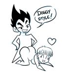 anal ass bent_over breasts bulma closed_eyes doggy_position dragon_ball_z ear_piercing earrings from_behind funny hair heart long_hair monochrome piercings short_hair smile vegeta wide_hips