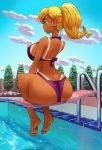 aqua_eyes ass ass_crack big_ass big_breasts bikini blonde_hair breasts ear_piercing earrings huge_ass piercings ponytail pool solo tan tan_line water