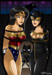 batman batman_(series) black_hair bruce_wayne catwoman dc_comics diana_prince long_hair mask selina_kyle shiny shiny_skin wonder_woman x^j^kny x^j^kny_(artist)