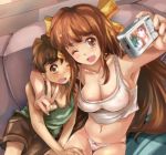  1boy 1girl armpit armpits big_breasts blush bow_panties breasts brother_and_sister brown_eyes brown_hair camera cleavage crop_top hair_ribbon hugging long_hair navel one_eye_closed original panties ribbon selfie siblings suoni_(deeperocean) tank_top underwear v wink 