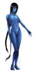 1_alien 1_female 1_girl 4_fingers 4_toes alien artist_request avatar avatar_(movie) black_hair blue_skin breasts female female_alien female_na'vi hair james_cameron's_avatar long_hair looking_at_viewer na'vi navel nipples nude pussy small_breasts smile solo standing tail yellow_eyes