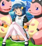 ass blue_eyes blue_hair clothed cosplay dawn dawn_(pokemon) dress female female_human hikari_(pokemon) knees_together_ankles_apart looking_at_viewer maid maid_apron maid_headdress maid_outfit maid_uniform milk milking miltank outfit panties pokemon sitting soara stockings upskirt