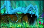 1girl 2009 alien avatar avatar_(movie) black_hair blue_skin breasts dagger_(artist) female female_alien female_na'vi flower forest hair james_cameron's_avatar long_hair looking_at_viewer lying majime na'vi neytiri nipples nude solo tail wallpaper yellow_hair