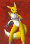 1_anthro 1_female 1_female_anthro 1girl 3_fingers anthro anthro_canine anthro_fox anthro_vixen breasts canine cyan_eyes darkdoomer digimon featureless_crotch female female_anthro female_anthro_fox female_renamon fox front_view fur furry looking_at_viewer nude renamon rifle slit_pupils smile solo spread_legs standing tail toei_animation vixen white_fur yellow_fur yin_yang