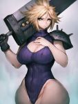  1girl big_ass big_breasts blonde_hair cleavage_cutout cloud_strife final_fantasy_vii fumio_(rsqkr) genderswap green_eyes leotard one_glove spiked_hair thunder_head 