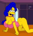  ass blue_hair bottomless breasts huge_breasts jgbm marge_simpson pearls the_simpsons yellow_skin 