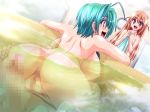 anus aqua_hair ass bathroom bathtub blue_eyes breasts erect_nipples erection green_hair long_hair nipples nude orange_hair penis short_hair sweat_drop water yellow_eyes