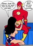 2009 bad_guy_(artist) bed breasts cum cum_in_mouth dc_comics dcau erect_nipples erection fellatio handjob justice_league nipples oral penis penis_grab smile text the_flash topless wonder_woman