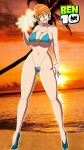 1girl beach ben_10 ben_10_(classic) big_breasts bikini breasts cameltoe female_only full_body future_gwen_tennyson green_eyes grimphantom gwen_tennyson gwen_tennyson_(classic) nipples orange_hair photo_background sunset swimsuit