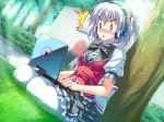 blush erection funny gray_hair headphones laptop penis shiny short_hair skirt socks stockings surprise twin_tails