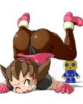 1girl ass brown_hair capcom crash earrings gloves green_eyes hair_slicked_back hairband isu jewelry kobun lowres oekaki pantyhose rockman rockman_dash servbot top-down_bottom-up tron_bonne when_you_see_it wince