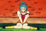  1_female 1_human 1girl blue_hair blush bulma bulma_brief cap clothed dragon_ball embarrassed grass green_hair hair hair_ribbons hips legs outdoors panties school_uniform schoolgirl screenshot sitting socks solo thighs 