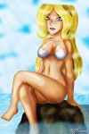 1girl beach bikini blonde_hair blue_eyes breasts cleavage dawn_(tdi) female_only lipstick long_hair ocean shiny shiny_skin solo solo_female total_drama_island water x^j^kny_(artist)