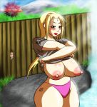  areola big_breasts breasts curvy demonroyal fence hair hot_spring huge_breasts jiraiya lipstick naruto nipples outside peeping steam tattoo tsunade undressing voyeur watching 