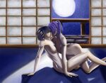 2_girls black_hair bleach closed_eyes kissing lesbian_sex milf moon night night_sky nude nude_female ponytail purple_hair sexy sexy_ass sexy_body sexy_breasts shihouin_yoruichi soifon stars take_your_pick wife_and_wife yuri