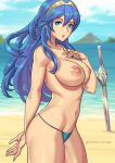 beach bikini blue_eyes blue_hair breasts fire_emblem lucina redjet swimsuit tiara