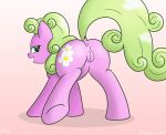  1girl anus ass cutie_mark daisy_(mlp) earth_pony female female_only friendship_is_magic green_hair green_mane looking_at_viewer looking_back my_little_pony pink_fur pony presenting_hindquarters pussy solo standing tail 