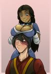 avatar:_the_last_airbender big_breasts black_hair blue_eyes blush boob_hat breast_hat breast_rest breasts breasts_on_head brown_hair cleavage dark_skin hair jordanmead_(artist) katara scar shiny shiny_skin short_hair smile yellow_eyes zuko