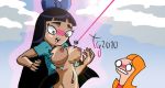 black_hair blush bow breasts candace_flynn embarrassing erect_nipples nipple nipples orange_hair phineas_and_ferb stacy_hirano toongrowner topless uncensored wardrobe_malfunction