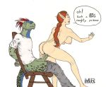  argonian ass bent_over bluekangaroo bosmer bottomless breasts closed_eyes elf erect_nipples hairless_pussy lizard lizard_folk looking_back nipples nude orange_hair pointy_ears ponytail pussy red_hair reptile scalie short_hair skyrim smile the_elder_scrolls 