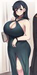 1girl black_hair blue_eyes cleavage curvy dress elegant_dress hair_ornament huge_breasts indoor kantai_collection konoshige_(ryuun) looking_at_viewer mature milf short_hair souryuu_(kantai_collection) thick_thighs