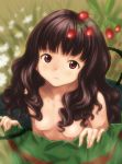  1girl bag berries breasts brown_hair copyright_request flower girl_in_a_bag high_res highres in_container kobayashi_yuji kobayashi_yuuji nipples nude purple_eyes solo wavy_hair 