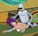  bender_bending_rodriguez big_breasts breast_out_of_clothes camera_3 cleavage cyclops from_behind_position futurama huge_breasts mechanophilia one_eye purple_hair questionable_consent turanga_leela vaginal white_topwear 