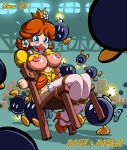 2005 ball_gag bdsm bob-omb bondage chair drew_gardner_(artist) flying_sweatdrops nintendo peril princess_daisy super_mario_bros. tied_up