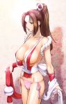 1girl big_breasts breasts brown_hair cleavage erect_nipples fatal_fury hair horny huge_breasts king_of_fighters lipstick mai_shiranui nipples no_bra panties ponytail shiranui_mai side-tie_panties sideboob snk solo the_king_of_fighters ueyama_michirou underwear yellow_eyes