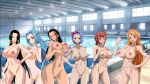  6girls alluring athletic_female bare_legs black_hair blue_hair boa_hancock female_abs fit_female nami nefertari_vivi nico_robin nojiko one_piece orange_hair pin_up pink_hair posing pussy rebecca_(one_piece) swimming_pool wallpaper 