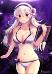  1girl 1girl alluring alternate_costume artist_logo artist_name ass_visible_through_thighs bad_id bad_pixiv_id bikini blush book breasts chinchongcha cleavage collarbone corrin_(fire_emblem) corrin_(fire_emblem)_(female) cowboy_shot female_protagonist fire_emblem fire_emblem_fates fire_emblem_heroes floral_background flower groin hair_between_eyes hair_flower hair_ornament hairband high_res light_particles long_hair looking_at_viewer medium_breasts midriff navel nintendo open_mouth purple_background red_eyes silver_hair smile swimsuit thigh_gap thighs wet white_bikini wristband 