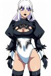 ai_generated ben_10 ben_10:_omniverse bodysuit boob_window charmcaster dyed_hair long_hair long_sleeves maid_uniform nier:_automata purple_hair stockings thighs white_hair yorha_2b_(cosplay)