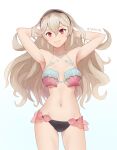 1girl alluring alternate_costume bikini breasts corrin_(fire_emblem) corrin_(fire_emblem)_(female) female_only fire_emblem fire_emblem_fates hands_behind_head headband light-skinned_female light_skin long_hair nintendo pointy_ears red_eyes shell_bikini solo_female spiffydc white_background white_hair