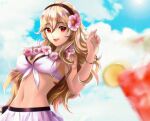 1girl alluring alternate_costume bikini bikini_skirt blonde_hair breasts cleavage corrin_(fire_emblem) corrin_(fire_emblem)_(female) esther-shen fire_emblem fire_emblem_fates fire_emblem_heroes long_hair medium_breasts midriff nintendo official_alternate_costume red_eyes smile swimsuit white_bikini white_swimsuit