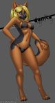  2009 bikini black black_nose blonde_hair blue_eyes brown_fur canine danica_(satsukii) digitigrade dog female furry german_shepherd grey_background hair hand_on_hip looking_at_viewer navel original original_character satsukii satsukii_(artist) shiny skimpy solo standing tail 