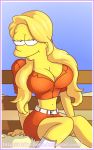 big_breasts boots border breasts cleavage cosplay cowgirl fence half-closed_eyes hay huge_breasts lisa_simpson long_hair looking_at_viewer ponytail ponytails sexy skirt the_simpsons tight_shirt web_address web_address_without_path yellow_skin