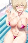 1girl arm_support bangs bare_shoulders bikini blonde_hair blush breasts cleavage criss-cross_halter embarrassed groin hair_between_eyes halterneck hews_hack jewelry large_breasts micro_bikini mitsuki_bakugo my_hero_academia navel open_mouth pink_swimsuit red_eyes ring short_hair sitting skindentation sling_bikini smile strap_gap sweat swimsuit thighs trembling v wedding_band wide_hips