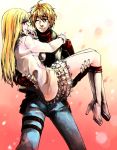 2_girls 2girls androgynous bad_id blonde_hair boots carrying eleonore_kliesen emilie_de_rochefort female female_focus footwear high_heel_boots high_heels knee_boots kneehighs leo_kliesen lili_(tekken) lili_rochefort long_hair multiple_girls namco one_eye_closed princess_carry reverse_trap scr.e shoes socks tekken tekken_6 tekken_tag_tournament_2 wink