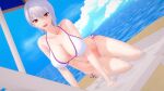 1girl 3d alluring beach big_breasts bikini insanely_hot magenta_eyes nakiri_alice ocean on_recliner rail2 recliner shokugeki_no_souma silver_eyes