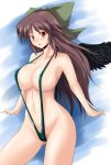 1girl bikini black_hair blush breasts cleavage female highres huge_breasts red_eyes reiuji_utsuho sling_bikini solo suteru_(stiel) swimsuit touhou utsuho_reiuji wings