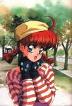 1girl :d ahoge black_gloves blue_eyes braid cute diamond eyelashes female gem gloves hat highres long_sleeves mon_mon oldschool open_mouth outdoors park ranko ranma_1/2 ranma_saotome red_hair smile solo striped striped_sweater sweater tree trees twin_braids twintails upper_body