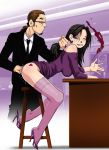 bar earring earrings fingering glasses hair_pull hentaikey high_heels melkormancin no_panties one_eye_closed original public romulo_melkor_mancin sketch stockings suit surprised tattoo upskirt wine