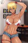 1girl alluring big_breasts blonde_hair bra daniel_ahumada female_abs mito_ikumi panties_visible_through_clothing shokugeki_no_souma short_shorts tanned_skin