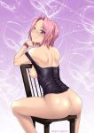 1girl ass back bare_shoulders big_ass blush bottomless breasts chair female female_only looking_back melkormancin naruto naruto_shippuden nipples no_panties pink_hair sakura_haruno short_hair sideboob sitting_backwards smile solo straddle