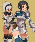 2girls armor black_hair blush bottomless capcom embarrassed hairband horn horns kirin kirin_(armor) knight mole monster_hunter multiple_girls red_eyes shield short_hair sword tarayama thighhighs weapon yuki_taru