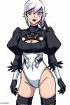  ai_generated ben_10 ben_10:_omniverse bodysuit boob_window charmcaster dyed_hair long_hair long_sleeves maid_uniform nier:_automata purple_hair stockings thighs white_hair yorha_2b_(cosplay) 