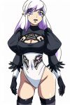  ai_generated ben_10 ben_10:_omniverse bodysuit boob_window charmcaster dyed_hair long_hair long_sleeves maid_uniform nier:_automata purple_hair stockings thighs white_hair yorha_2b_(cosplay) 