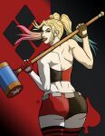  1girl alternate_costume ass asymmetrical_gloves back bangs bare_arms bare_back bare_shoulders batman_(series) belt big_ass black_background black_corset blonde_female blonde_hair blue_eyes blue_hair brown_lipstick clown_girl corset dc_comics diamond_(shape) female_only female_solo floating_hair from_behind gloves gradient gradient_hair grey_belt grin half-closed_eyes hammer harleen_quinzel harley_quinn holding holding_hammer holding_mallet holding_weapon light_blue_hair lips lipstick long_hair looking_at_viewer looking_back makeup mallet multicolored_clothes multicolored_corset multicolored_hair multicolored_shorts naughty_face neck one_eye_closed parted_bangs pink_hair red_background red_corset round_teeth short_shorts shorts smile spade_(shape) standing star star_(symbol) star_print straight_hair strapless striped striped_legwear striped_stockings striped_thighhighs supervillainess symbol taynorhook teeth three-tone_hair tied_hair tongue tongue_out twin_tails two-tone_background two-tone_corset two-tone_shorts upper_teeth upper_teeth_only villainess weapon white_skin wink 