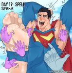 big_feet black_hair blue_eyes hands magic male male_feet male_focus male_tickling my_adventures_with_superman no_visible_genitalia revealyoursins ripped_clothing sky superman sweat sweating tears tickle_torture tickling tickling_armpits
